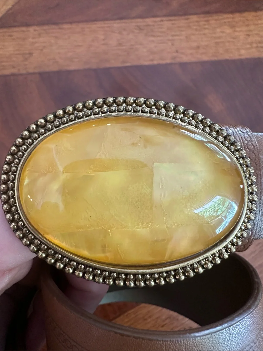 Wide Leather Belt w/ Amber Stone Buckle‎ Boho Large